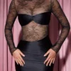 Eliette langermet drapert bodycon-minikjole med blonder i svart