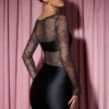 Eliette langermet drapert bodycon-minikjole med blonder i svart