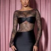 Eliette langermet drapert bodycon-minikjole med blonder i svart