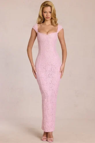 Elisa maxi-kjole med hjerteutringning i Blossom Pink