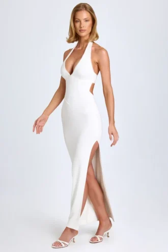 Elisana Modal Lace-Trim Halterneck Maxi Kjole i hvitt