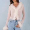 Elisia Feather Trim Sheer Top i elfenben