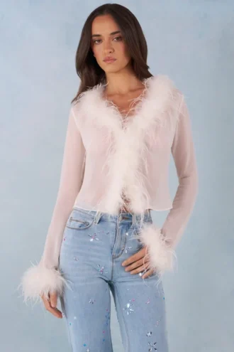 Elisia Feather Trim Sheer Top i elfenben