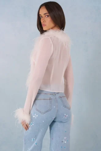 Elisia Feather Trim Sheer Top i elfenben