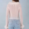 Elisia Feather Trim Sheer Top i elfenben