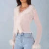 Elisia Feather Trim Sheer Top i elfenben