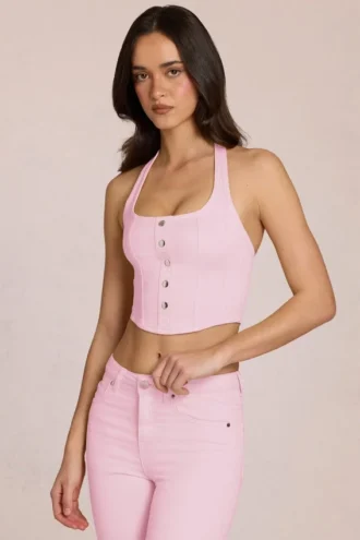 Elowis denim-top i halterneck-korsettstil i Blossom Pink