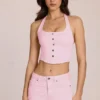 Elowis denim-top i halterneck-korsettstil i Blossom Pink