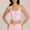 Elowis denim-top i halterneck-korsettstil i Blossom Pink