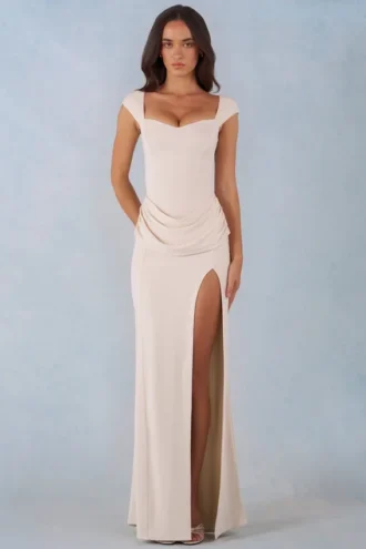 Elva Modal Sweetheart-Neck Cowl-Waist Maxikjoler i Ivory