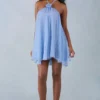Evania halterneck babydoll minikjole i blå prikkete mønster