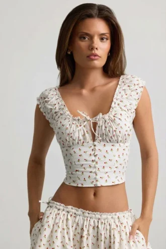 Faela Ruched Cotton-Poplin Corset Top i roseprint