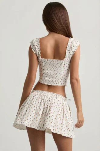 Faela Ruched Cotton-Poplin Corset Top i roseprint