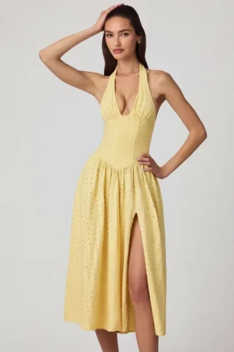 Farrah Modal Broderie Anglaise halterneck-kjole i midilengde i sitrongul