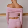 Gjennomsiktig off-shoulder-top med lange ermer i myk rosa