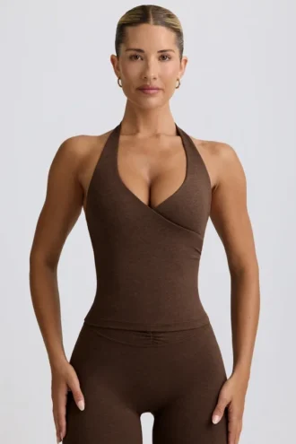 Halterneck-tanktop med åpen rygg i pecan-marmorert