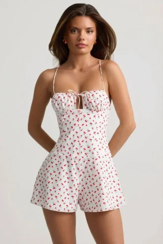 Helaia rynket ryggløs playsuit i kirsebærprint