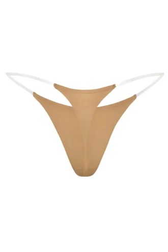 Intimates sømløs strikket tanga med gjennomsiktige stropper i karamell