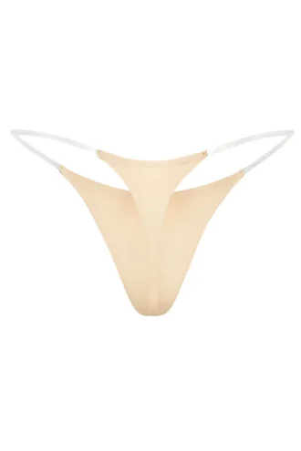 Intimates sømløs strikket tanga med gjennomsiktige stropper i varm fersken