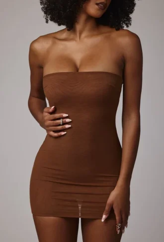 Intimates Soft Sheer-Mesh Bandeau Mini Slip Kjole i Mocha