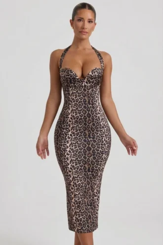 Ismay lagdelt halterneck bodycon midikjole i leopardmønster