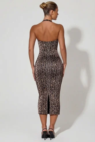 Ismay lagdelt halterneck bodycon midikjole i leopardmønster