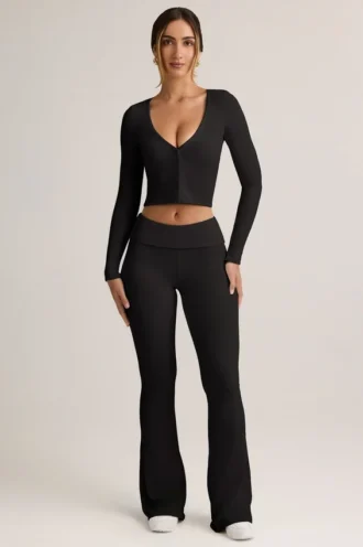 Jules Modal Ribbed Foldover Flared Trousers i svart