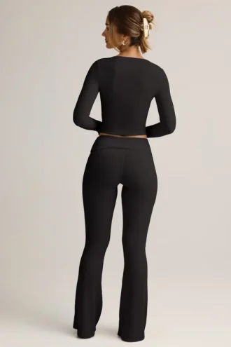 Jules Modal Ribbed Foldover Flared Trousers i svart