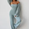 Jumpsuit i grovstrikket bandeau-modell med utvidet ben i støvete blågrønn
