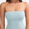 Jumpsuit i grovstrikket bandeau-modell med utvidet ben i støvete blågrønn
