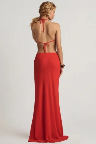 Keona mid-rise maxi-skjørt med splitt i Chilli Red