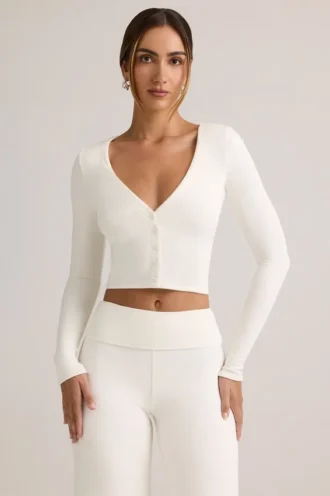 Kiva modal ribbet kort cardigan i hvit