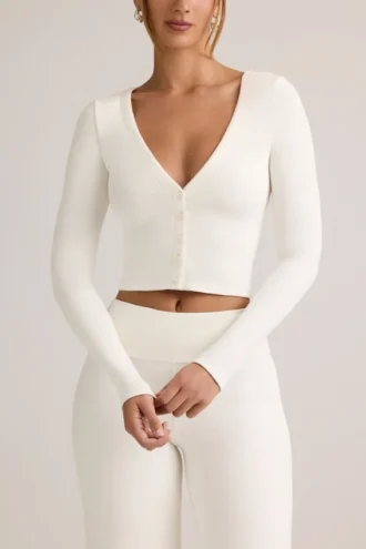 Kiva modal ribbet kort cardigan i hvit