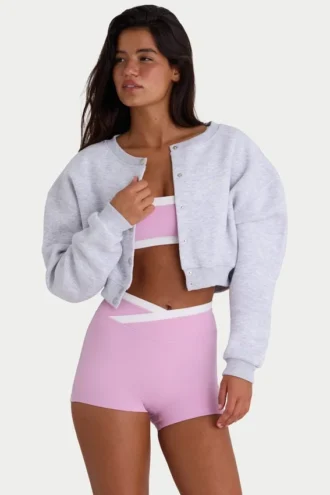 Kort cardigan i børstet jersey med knapper i grå melert