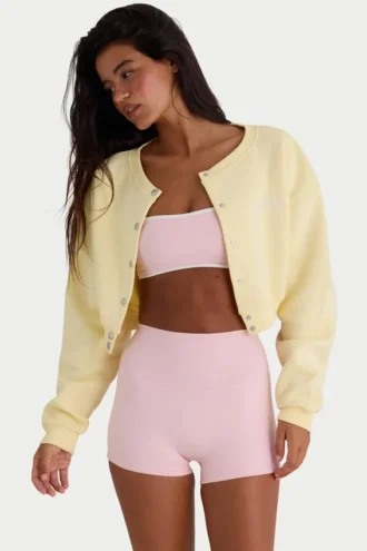 Kort cardigan i børstet jersey med knapper i myk gul