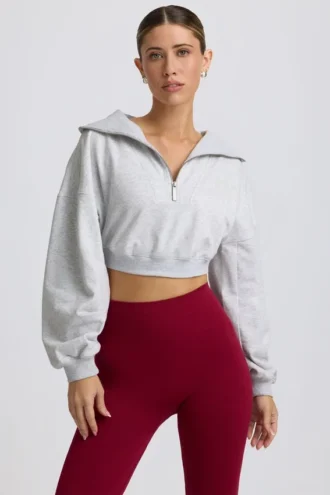 Kort sweatshirt med kvart glidelås i grå melert