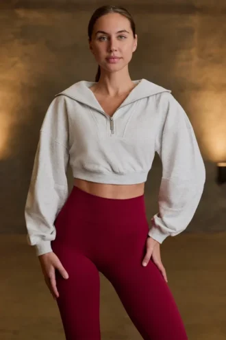 Kort sweatshirt med kvart glidelås i grå melert