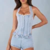 Lalita knappet playsuit med halterneck i lys denim