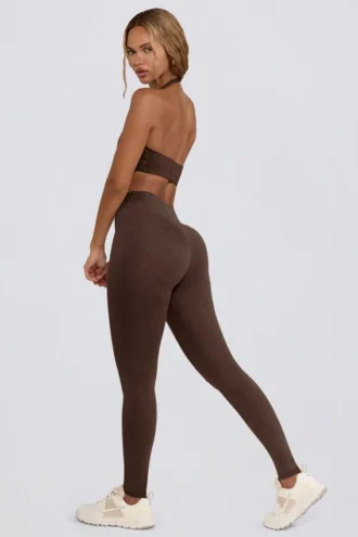 Leggings i børstet jersey med rynker og middels høy midje i pecan melert