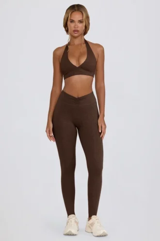 Leggings i børstet jersey med rynker og middels høy midje i pecan melert