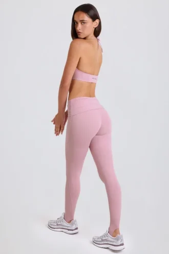 Leggings med brettet linning, middels høy midje og stropper i mauve