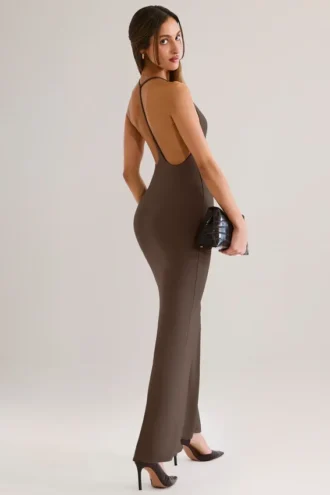 Leire Modal Plunge Backless Maxi Kjol i sjokoladebrun