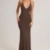 Leire Modal Plunge Backless Maxi Kjol i sjokoladebrun