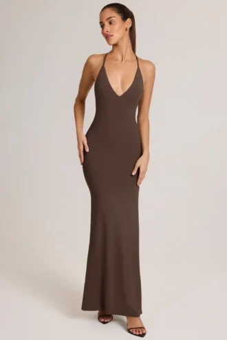 Leire Modal Plunge Backless Maxi Kjol i sjokoladebrun