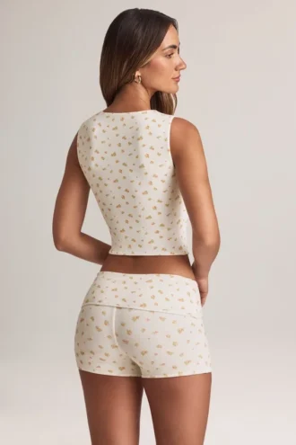 Lene Modal ribbet vest med knapper i blomstertrykk