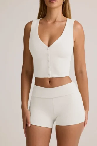 Lene modal ribbet vest med knapper i hvit