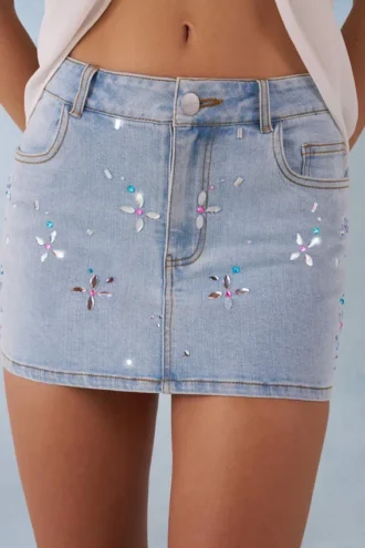 Levara Mid-Rise Denim Micro Mini Skjørt i lys denim