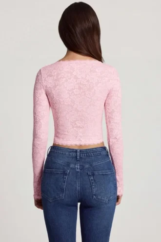 Lioren gjennomsiktige bluser i rosa med dyp utringning og lange ermer