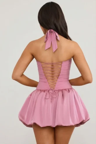 Ludmila halterneck-korsettmikromini-kjole med snøring og boblekant i mauve