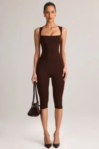 Luma Modal Bodycon Capri-jumpsuit med firkantet hals i sjokoladebrun